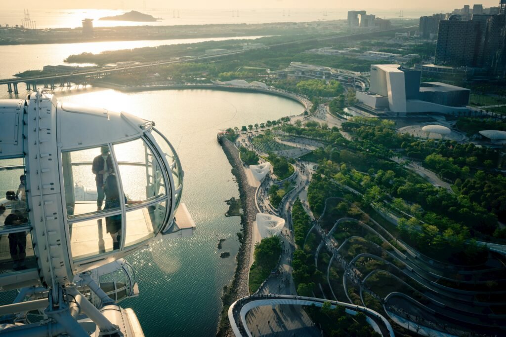 an aerial view of a city and a river